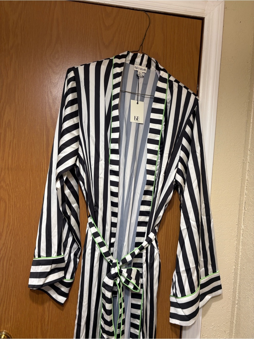 Black & White Striped Robe with Green Trim